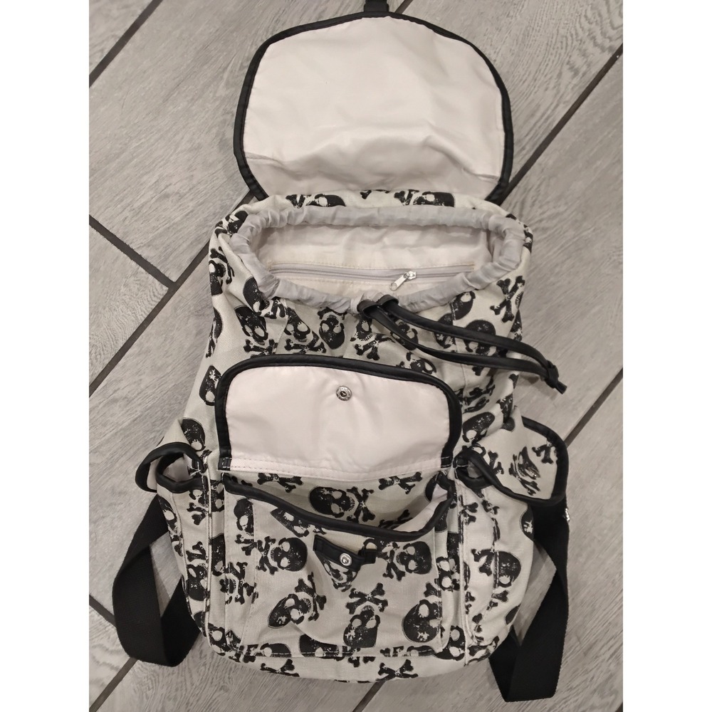 Skull and Crossbones Print Canvas Backpack Grey Black Gothic Punk Bag